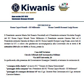 KC Roma Caput Mundi  e KC Roma Castelli Romani - Invito al Passaggio della Campana, al Passaggio delle Consegne Div. 14 e alla consegna Charter a un nuovo club