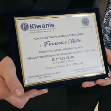 KC Corigliano e Key Club – Riconoscimento al presidente del Key Club Corigliano Schools